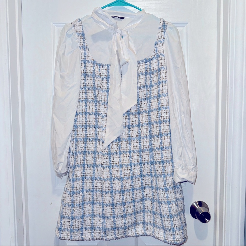 Blue and white knit sweater skirt with blouse